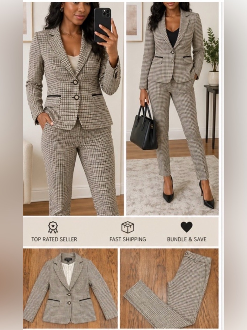 WHBM Chic Houndstooth Blazer & Pants Set | Tailored Fit | Workwear / Career Suit